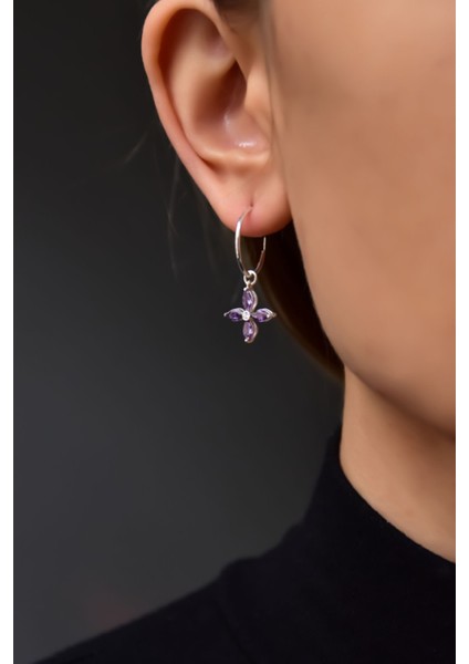 925 Ayar Gümüş Kaplama Mor Zirkon Taşlı Plumeria Halka Küpe modelleri