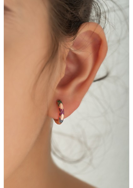 Apm Monaco Modeli Halka Gümüş Küpe Renkli Taş Dizimi