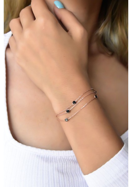 925 Ayar Gümüş Kaplama Üç Sıra Siyah Taşlı Zincir Bileklik