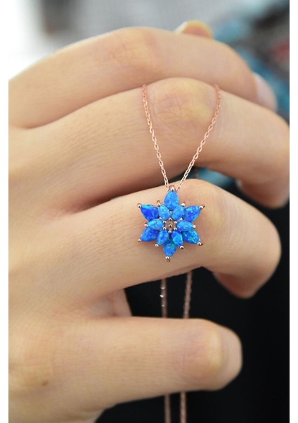 925 Ayar Gümüş Mavi Opal Taşlı Yasemin Çiçeği Kolye