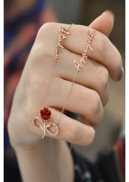 Kadın Isim Model Kırmızı Gül Sonsuzluk 925 Ayar Gümüş Kolye fiyatları