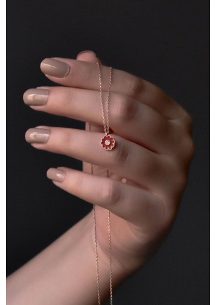 925 Ayar Gümüş Kırmızı Mineli Taşlı Papatya Kolye
