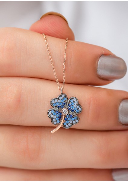 925 Ayar Taşlı Gümüş Yonca Kolye Kaplama