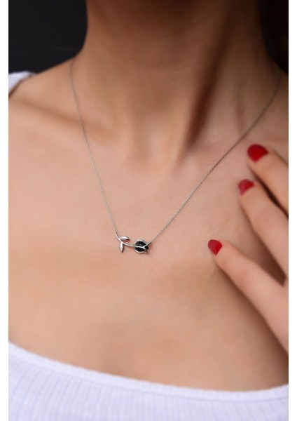 925 Ayar Gümüş Kaplama Siyah Taşlı Lale Kolye