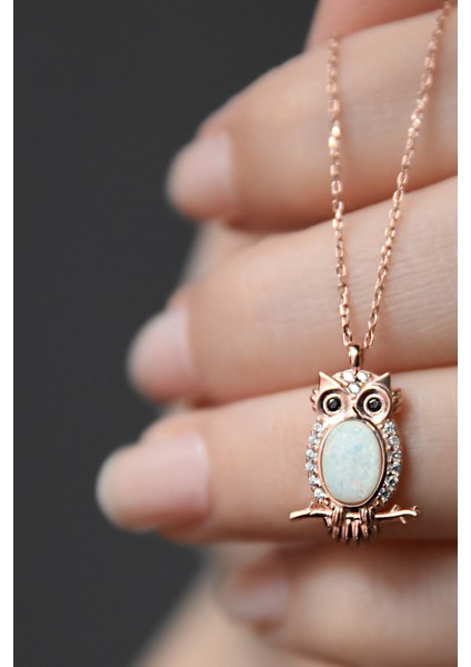 925 Ayar Gümüş Kaplama Beyaz Opal Taşlı Baykuş Kolye