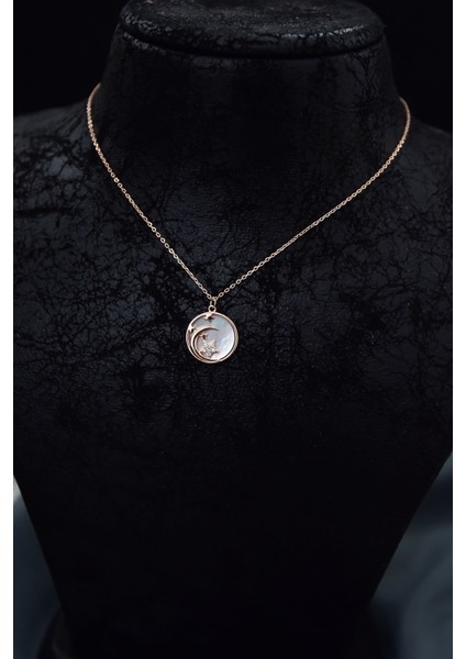 925 Ayar Gümüş Kaplama Sedef Plaka Üzeri Zirkon Taşlı Ay Yıldız Kolye