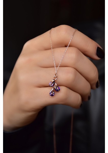 925 Ayar Gümüş Kaplama Şubat Ayı Doğum Taşlı Kübik Drop Kolye