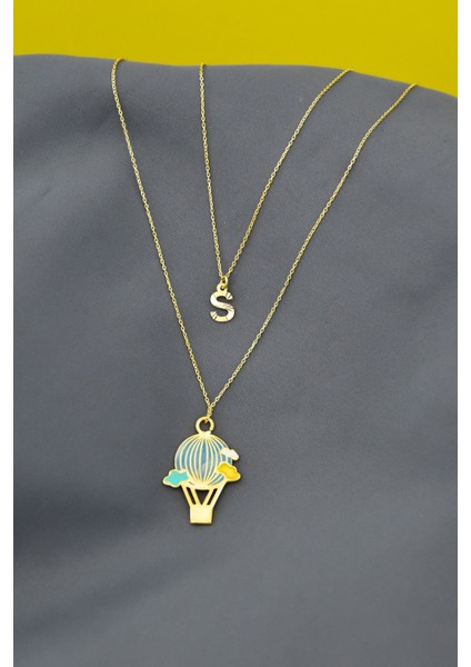 925 Gümüş Kaplama Mineli Uçan Balon ve S Harf Asansör Kolye