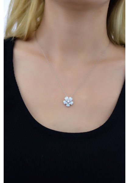 925 Ayar Gümüş Kaplama Beyaz Opal Taşlı Unutma Beni Çiçeği Kolye fiyatları