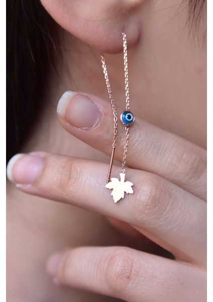 925 Ayar Gümüş Kaplama Cam Göz Çınar Yaprağı Zincir Küpe