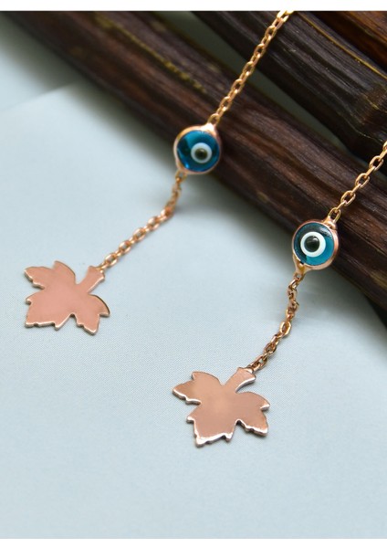 925 Ayar Gümüş Kaplama Cam Göz Çınar Yaprağı Zincir Küpe modelleri