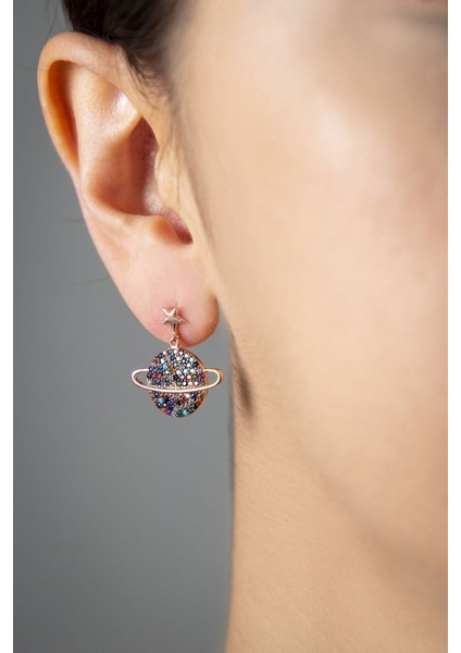 925 Ayar Renkli Taşlı Gümüş Gezegen Küpe