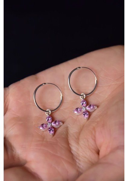 925 Ayar Gümüş Kaplama Pembe Zirkon Taşlı Plumeria Halka Küpe