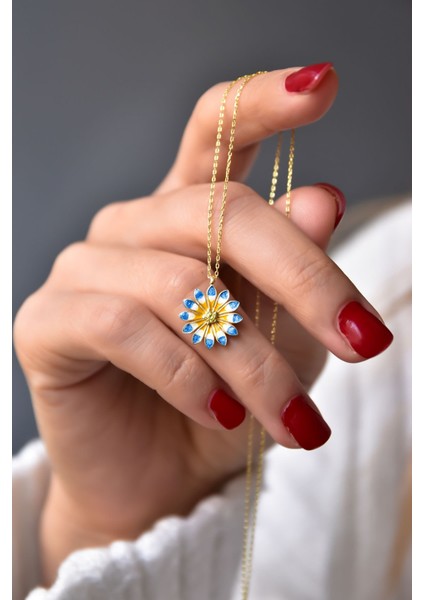 925 Ayar Gümüş Kaplama Mineli Tektaş Papatya Kolye