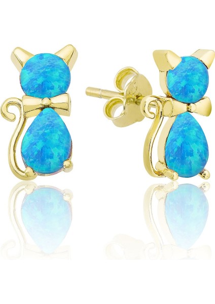 925 Ayar Opal Taşlı Kedi Gümüş Kadın Küpe Kaplama