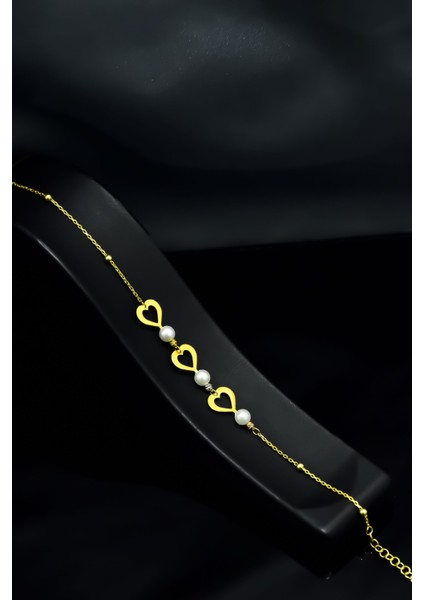 925 Ayar Gümüş Kaplama Üç Kalpli Incili Bileklik