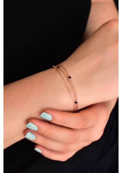 925 Ayar Gümüş Kaplama Siyah Taşlı Yıldız Zincir Bileklik