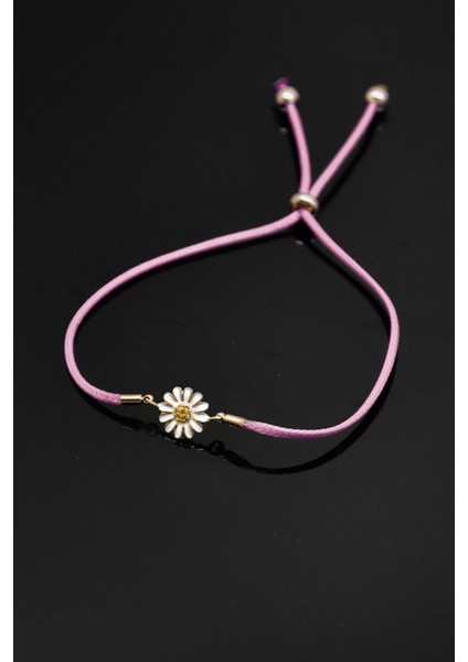 925 Ayar Gümüş Pembe Ipli Asansörlü Papatya Bileklik