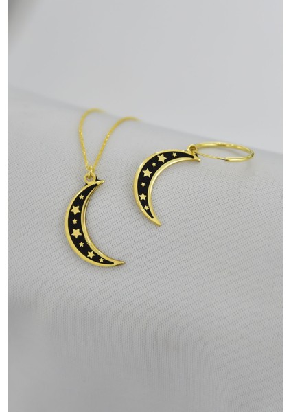 925 Ayar Gümüş Kaplama Mineli Yıldızlı Ay Küpe Kolye Set