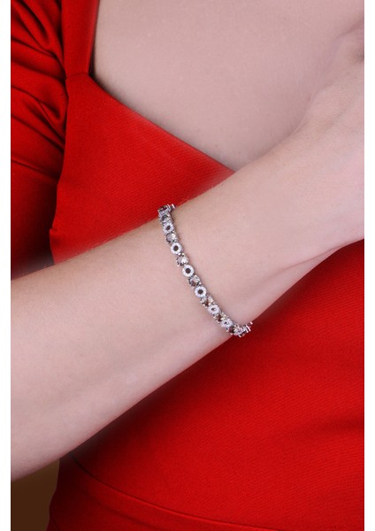 925 Ayar Gümüş Kaplama Sıralı Yuvarlak Taşlı Bileklik