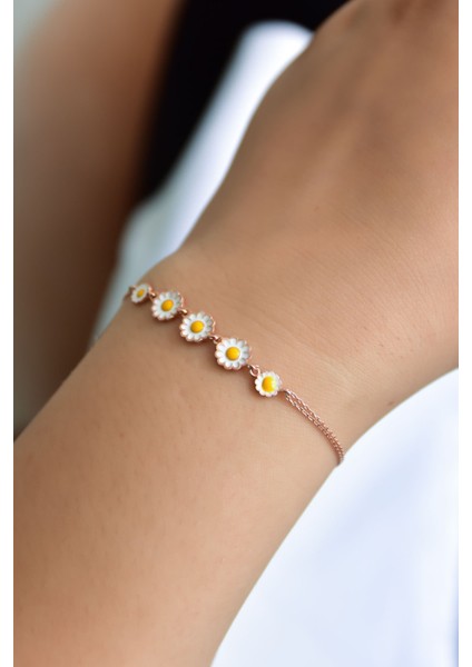 925 Ayar Gümüş Kaplama Mineli Papatya Kadın Bileklik