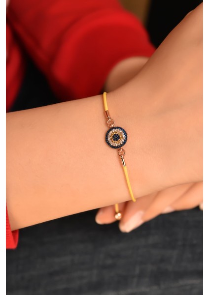 925 Ayar Gümüş Zirkon Taşlı Sarı Ipli Nazar Kadın Bileklik