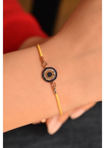 925 Ayar Gümüş Zirkon Taşlı Sarı Ipli Nazar Kadın Bileklik fiyatları