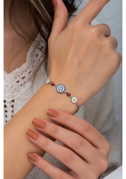 Nazargöz Papatya Uğur Böceği Renkli Mineli Kaplama 925 Ayar Gümüş Bileklik