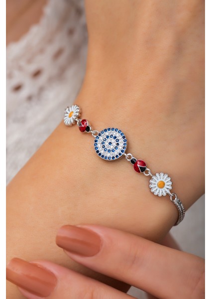 Nazargöz Papatya Uğur Böceği Renkli Mineli Kaplama 925 Ayar Gümüş Bileklik fiyatları