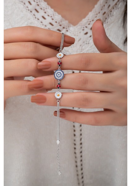 Nazargöz Papatya Uğur Böceği Renkli Mineli Kaplama 925 Ayar Gümüş Bileklik modelleri