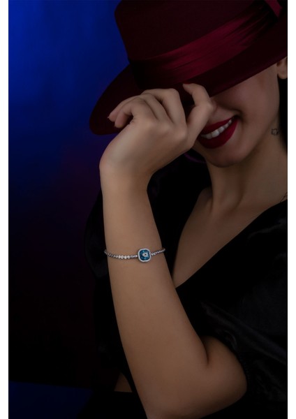 925 Ayar Gümüş Kare Mavi Gözlü Nazar Asansör Bileklik