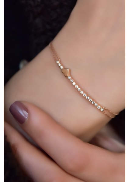 925 Ayar Gümüş Kaplama Sıralı Zirkon Tektaş , Kalp Bileklik