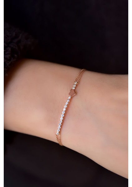 925 Ayar Gümüş Kaplama Sıralı Zirkon Tektaş , Kalp Bileklik fiyatları