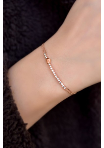 925 Ayar Gümüş Kaplama Sıralı Zirkon Tektaş , Kalp Bileklik modelleri