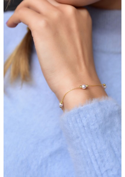 925 Ayar Gümüş Renk Kaplama Dorika Toplu Incili Kadın Bileklik