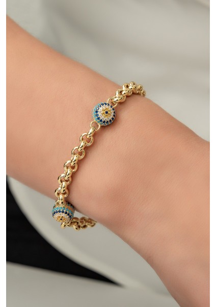 925 Ayar Nano Zirkon Taşlı Üç Nazar Toplu 14 Ayar Kaplama Zincir Bileklik