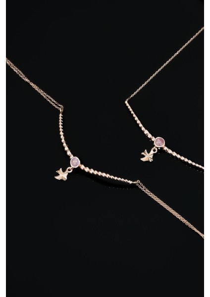925 Ayar Gümüş Kaplama Top Motifli Pembe Ay Taşı Kırlangıç Kolye ve Bileklik Set