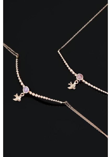 925 Ayar Gümüş Kaplama Top Motifli Pembe Ay Taşı Kırlangıç Kolye ve Bileklik Set fiyatları