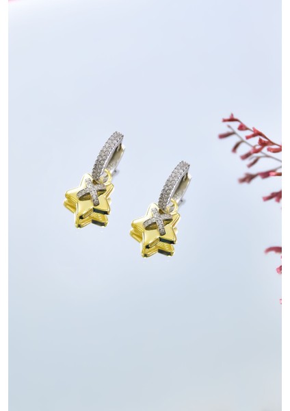 925 Ayar Gümüş Gold-Kaplama Zirkon Taşlı Yıldız , x Halka Küpe