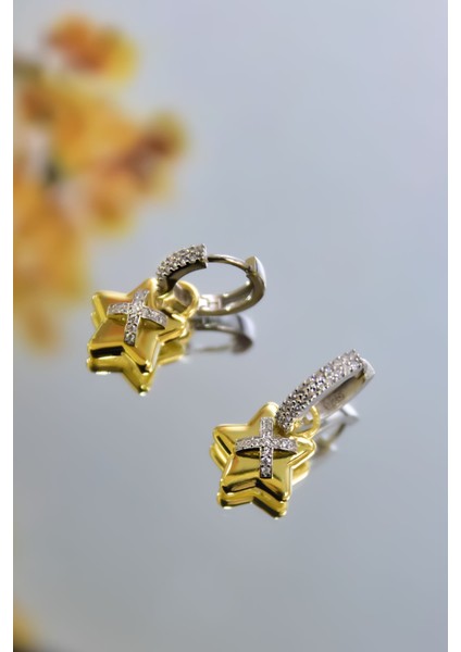 925 Ayar Gümüş Gold-Kaplama Zirkon Taşlı Yıldız , x Halka Küpe fiyatları