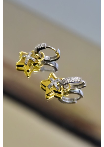 925 Ayar Gümüş Gold-Kaplama Zirkon Taşlı Yıldız , x Halka Küpe fırsatları
