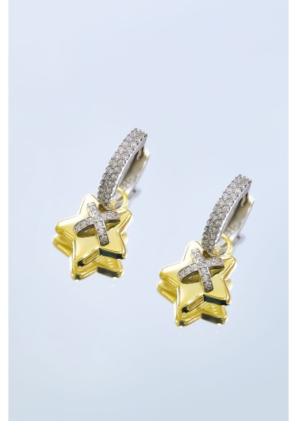 925 Ayar Gümüş Gold-Kaplama Zirkon Taşlı Yıldız , x Halka Küpe indirimleri