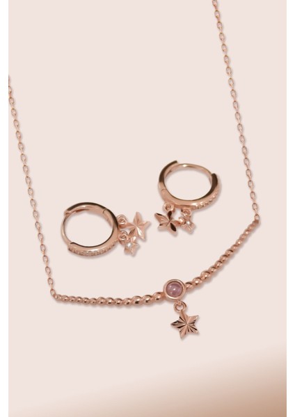 925 Ayar Gümüş Kaplama Top Motifli Pembe Ay Taşı Yıldız Kolye ve Küpe Set