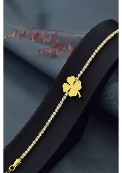 925 Ayar Gümüş Kaplama Zirkon Taşlı Su Yolu Yonca Bileklik