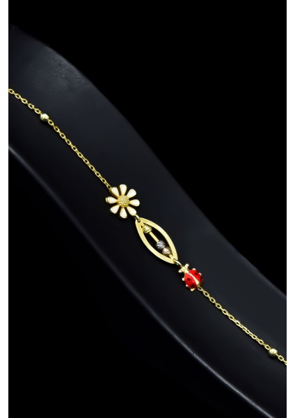 925 Ayar Gümüş Kaplama Üç Renkli Dorika Toplu, Uğur Böcekli Papatya Bileklik fiyatları