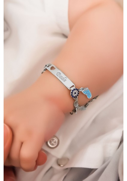 925 Ayar Gümüş Kaplama Nazar Boncuklu Firuze Ayaklı Isimli Erkek Bebek Künyesi