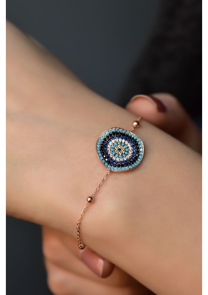 925 Ayar Gümüş Kaplama Top Zincirli, Zirkon Taşlı Dalgalı Nazar Bileklik fiyatları