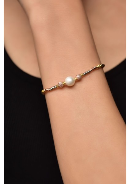 925 Ayar Gümüş Üç Renk Dorika Toplu Simli Inci Taşlı Bileklik