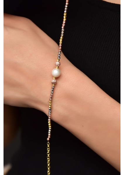 925 Ayar Gümüş Üç Renk Dorika Toplu Simli Inci Taşlı Bileklik fiyatları