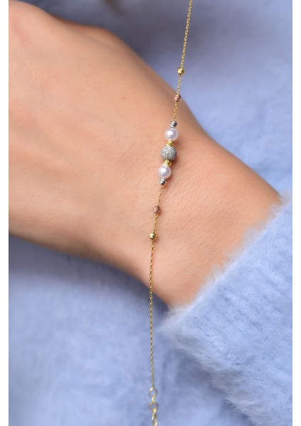 925 Ayar Gümüş Kaplama Sim Dorika Toplu Inci Kadın Bileklik